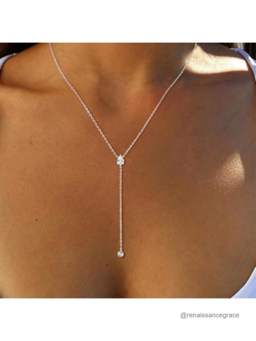 Y-Shaped Lariat Chain Necklace 14k Silver Plated Brass Teardrop Pendant